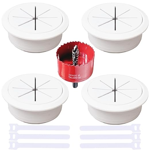 4 Pack Desk Grommet 2 Inch (50 mm) White, Desk Hole Cover for Cables, White Desk Cord Hole Cover for Office Home Table, Cable Grommet with 1 Hole Saw Drill Attachment & 6 Cable Ties