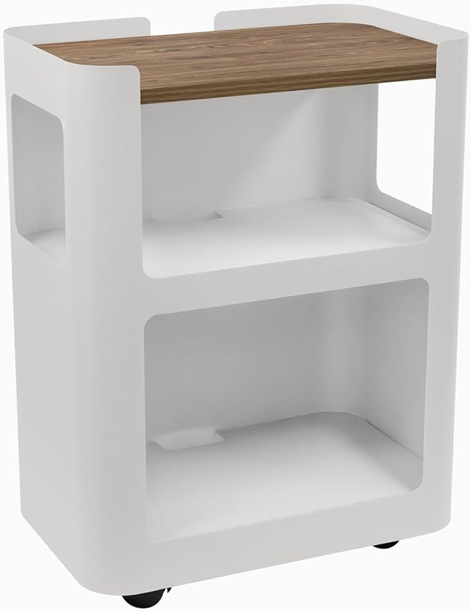 Desky Minimal Open Mobile Pedestal – 3-Tier Open Storage Cabinet with Hidden Swivel Casters and Integrated Cable Management, White Frame/Natural Walnut