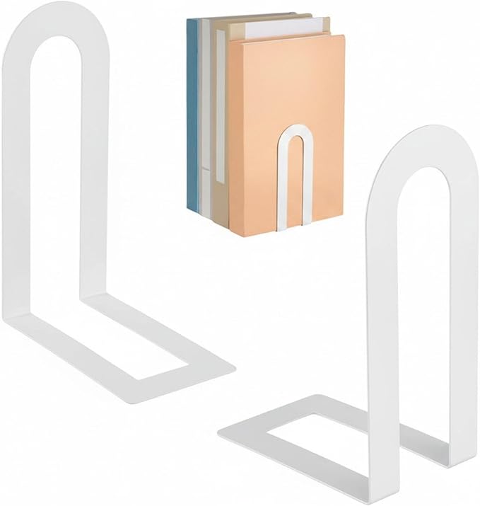 Chunful 2 Pcs Modern Metal Book Ends for Shelves Decorative Small Bookends Book Shelf Organizer Minimalist Design Stopper to Hold Books for Home Office (White,5.5 * 3.75 * 2.25inch)