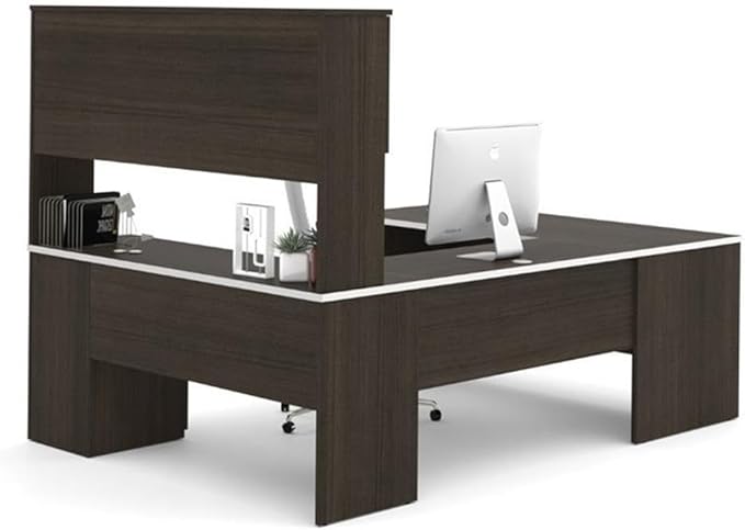 Pemberly Row U-Shaped Computer Desk, Dark Chocolate Finish, 93.6 in x 65 in x 65.9 in, Durable Melamine Surface, Hutch Storage, Lockable File Drawer, Keyboard Tray, Reversible Office Desk
