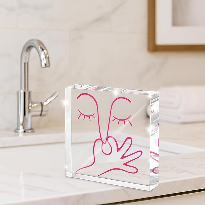 Abstract Humor Bathroom Decor - Minimalist Face Line Acrylic Sign, 4x4 Inch Pink Fun, Suitable for Toilet, Guest Bathroom, Bedroom, Desk Decoration