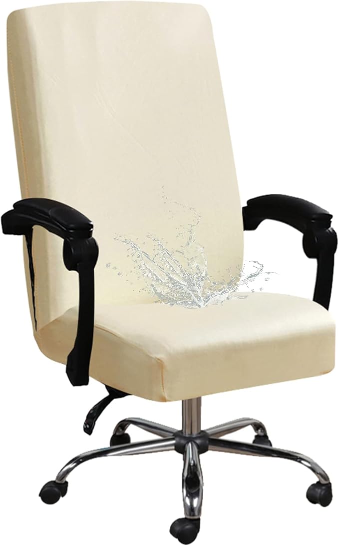 Shukii Waterproof Office Chair Cover PU Leather Computer Seat Covers Stretch Rotating Chair Slipcover with Elastic Bottom Universal Chair Protectors for Rotating Boss Chair (Beige, Small)