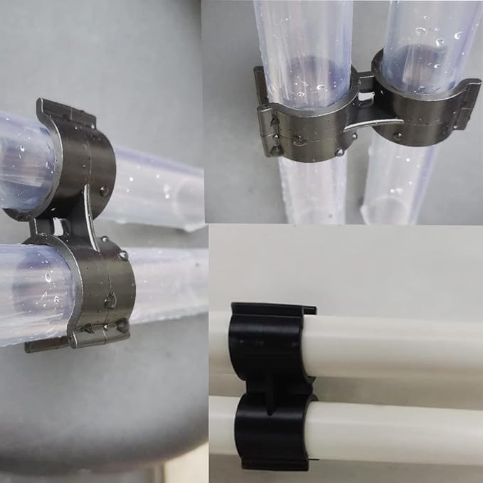 10pcs Black Double Port Pipe Clamps Clips, Hdtyyln 24mm Diameter Plastic Double Line Clamps Shelf Pole Connector Chain Link Fence Panel Clamps Clips, Pipe Linking and Fastening Fastener Accessories