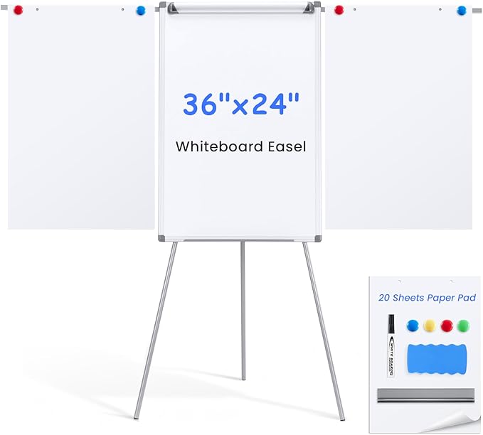 MAKELLO Flip Chart Easel, Magnetic Dry Erase Board with Stand for Office Classroom Home School, Extended Display Arms and Adjustable Height, 36x24 in
