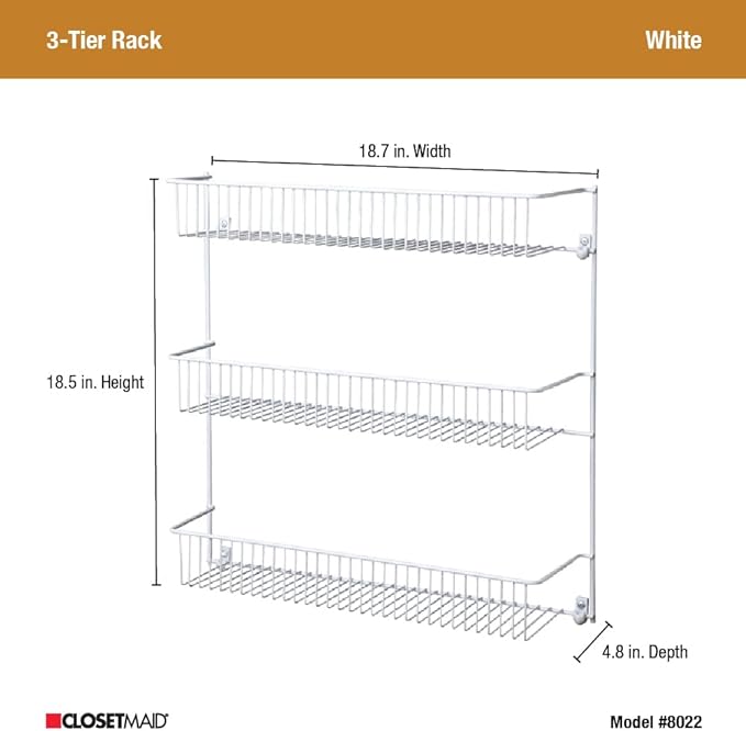 ClosetMaid 3-Tier Hanging Wall Mounted Metal Rack for Spices, Shelf Storage, Pantry Organization, Laundry, Kitchen, Bathroom, White, 8022 (Pack of 2)