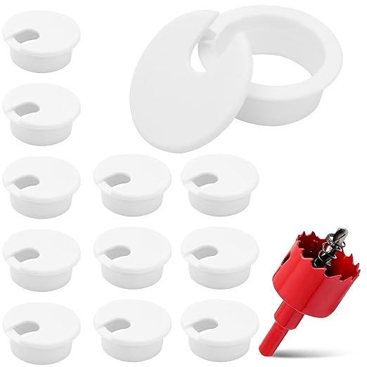 12 Pack 1-1/2 Inch White Desk Grommet, Plastic Cable Hole Cover Computer Table Cord Wire Organizer, Desktop Cord Management for Home Office/TV Stands Tabletops (with Hole Saw)