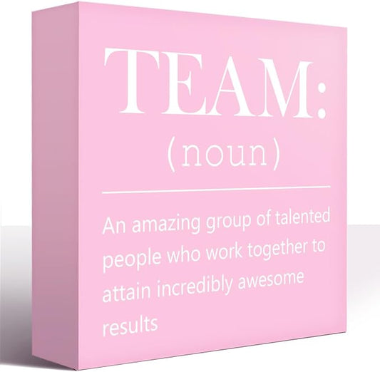 LVQHI Female Team United Wooden Block Sign, Pink Team Definition Art For Corporate Desk Decor, Inspiring Collaboration Decor 5"L x 5"W x 1.2"H