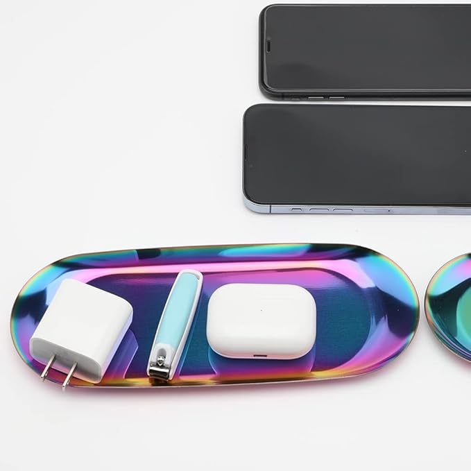 Fermus Stainless Steel Decorative Tray, Set of 2, 9 Inch Long, Jewelry Dish Cosmetics Organizer Bathroom Clutter Serving Platter Small Storage Tray, Oval, Holographic
