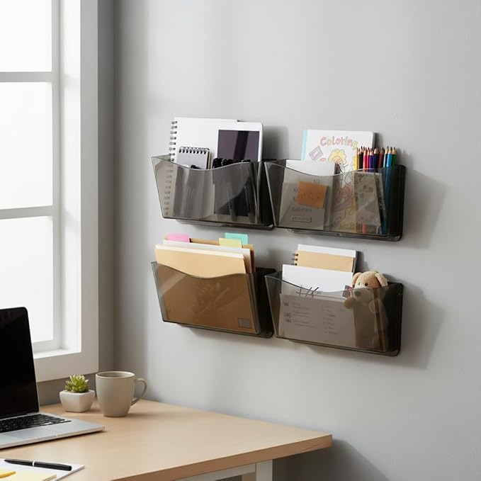 Azar Displays 250025-SMK Clear Plastic Wall Mount File Holder with Hanging Hardware, Smoke Colored, 4-Pack