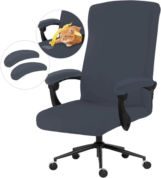 Stretch Computer Office Chair Cover with Armrest Covers Durable Zipper Universal Washable Removable Spandex Rotating Boss Chair Slipcovers Anti-dust Soft Desk Chair Seat Protector, Dark Gray