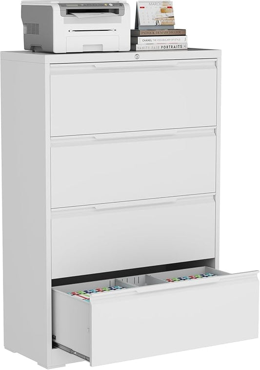 4-Drawer Metal File Cabinet with Lock,Steel Printer Stand with Storage for Home Office,Lateral Filing Cabinet for Legal/Letter/A4 Files,Assembly Required(35.43''W-4 Drawers,White)