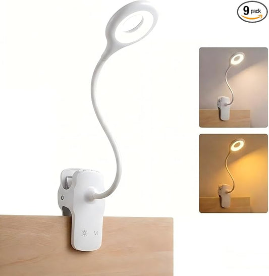 LACOKI Clip on Rechargeable Reading Light for Bed, 3 Color x 3 Brightness 28 LEDs Desk Light, Eye-Caring Desk Lamp with Clamp for Headboard, Table, Desk