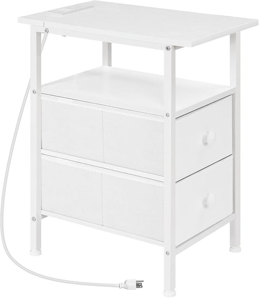 HOOBRO End Table with Charging Station, Narrow Side Table, Nightstand with 2 Non-Woven Drawers, Slim Sofa Side Table, for Small Spaces, Living Room, Bedroom, White WT486UBZ01