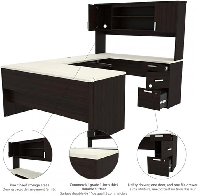 Pemberly Row U Shaped Computer Desk, 65" W x 93.6" D x 65.9" H, Melamine and Particle Board, Dark and White Chocolate Finish, Built-in File Cabinet, Hutch Storage, Reversible Configuration for Home