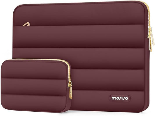 MOSISO Laptop Case 13.3 inch,13-13.3 inch Puffy Laptop Sleeve Compatible with MacBook Air 13.6 M5 M4 M3 M2 M1/Neo/Pro 13/14,HP Dell ASUS Lenovo,Polyester Horizontal Bag with Small Case, Wine Red