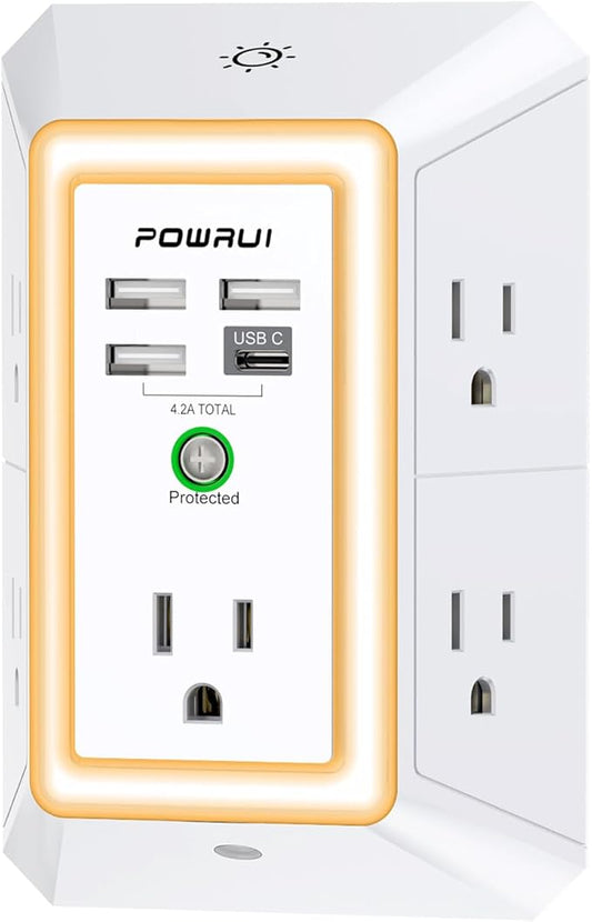 3-Sided Outlet Extender with Night Light - POWRUI Multi Plug Outlet with 5 Outlets and 4 USB Ports(1 USB-C), USB Wall Charger for Home, Office, Travel, ETL Listed, White