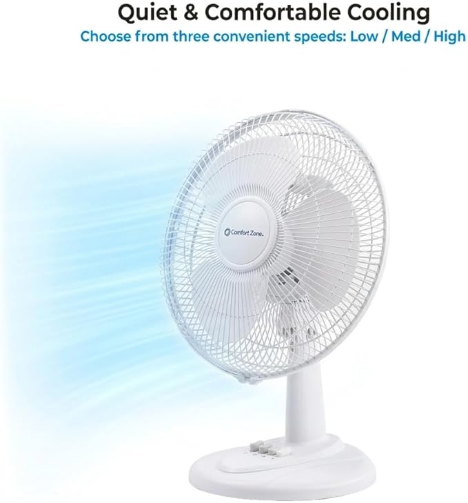 Comfort Zone 16 inch Table Fan with Adjustable Tilt, Wide Area Oscillation, Quiet Air Circulator Fan For Bedroom, 3 Speed Desktop Fan for Home Office, Push Button Controls, White