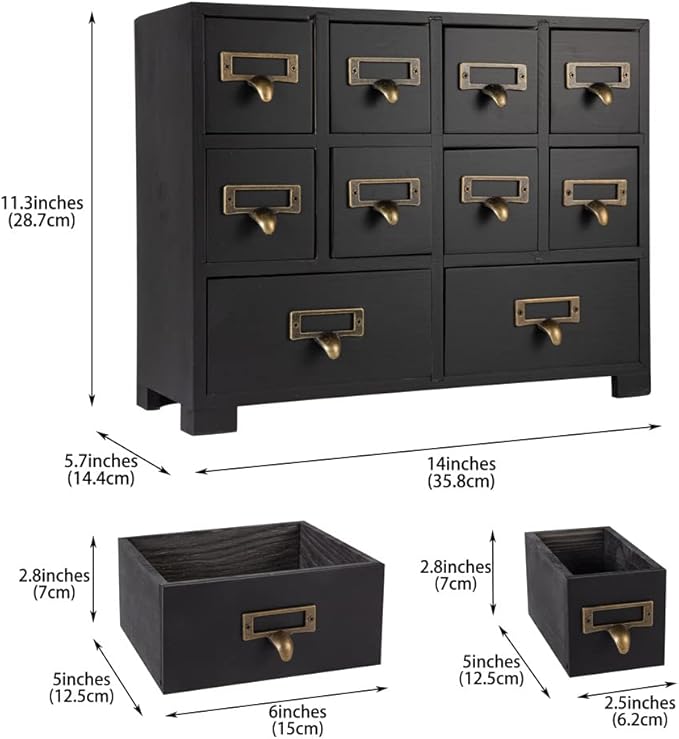 Apothecary Cabinet with 10 Drawers & Labels Rustic Library Card Catalog Cabinet Desktop Wooden Storage Box for Organize Herbal、Tea Bag、Jewelry (Black)