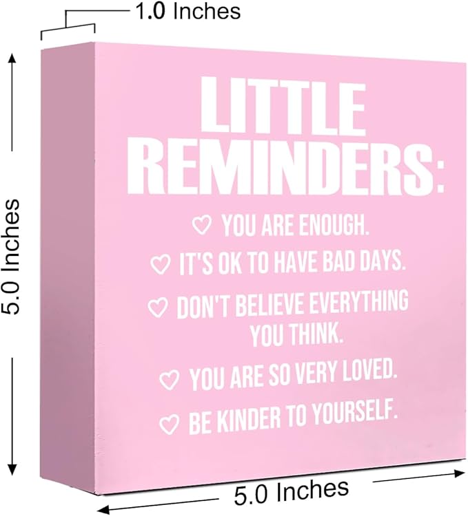 LVQHI Pink Decor For Desk, Little Reminders Sign Wood Box,Inspirational Office Desk Decor For Women, Small Motivational Office Table Accessories Decoration Signs 5"x5"x1.2" In