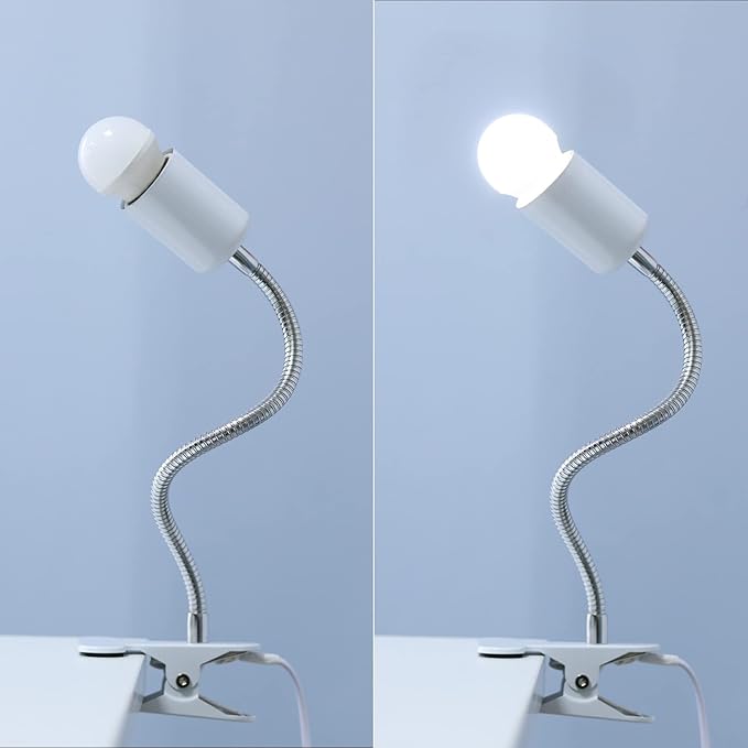Clip on Light E26/E27 Metal Clamp Light Socket with Plug and Switch 360° Flexible Rotatable for Bedside Office Basement Reptile Plant Illumination Clip Lamp White (No Bulb)