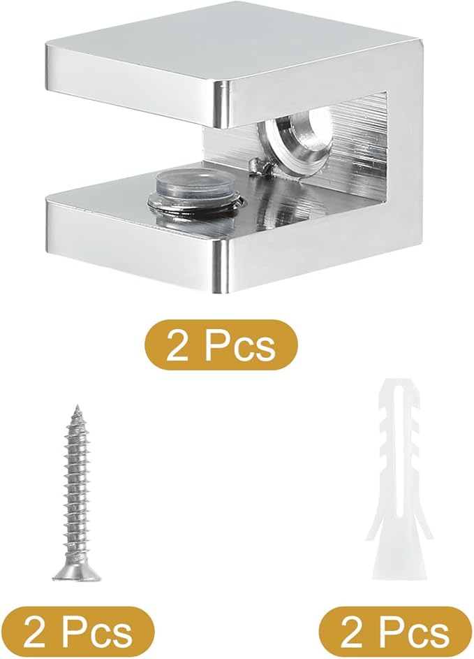 uxcell Glass Shelf Clamp, 2Pcs Brass Glass Clamp for 5-8mm Thick Glass, Adjustable Glass Shelf Bracket Support Holder, Silver