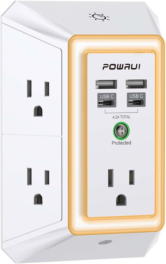 3-Sided Outlet Extender with Night Light - POWRUI Multi Plug Outlet with 5 Outlets and 4 USB Ports(2 USB-C), USB Wall Charger for Home, Office, Travel, ETL Listed, White