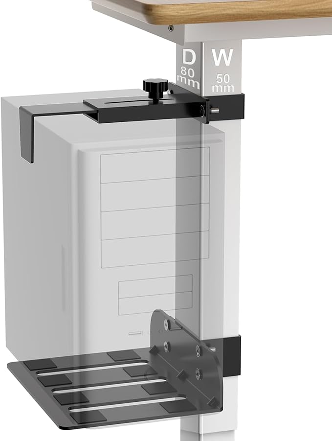 Under Desk PC Mount - No Drilling 40 lb Capacity, CPU Holder Under Desk, Adjustable Height and Width, Clamp-on Desk Leg PC Mount for Standing Desk (Fits 80mm×50mm Legs only), with Non-Slip Pads, Black