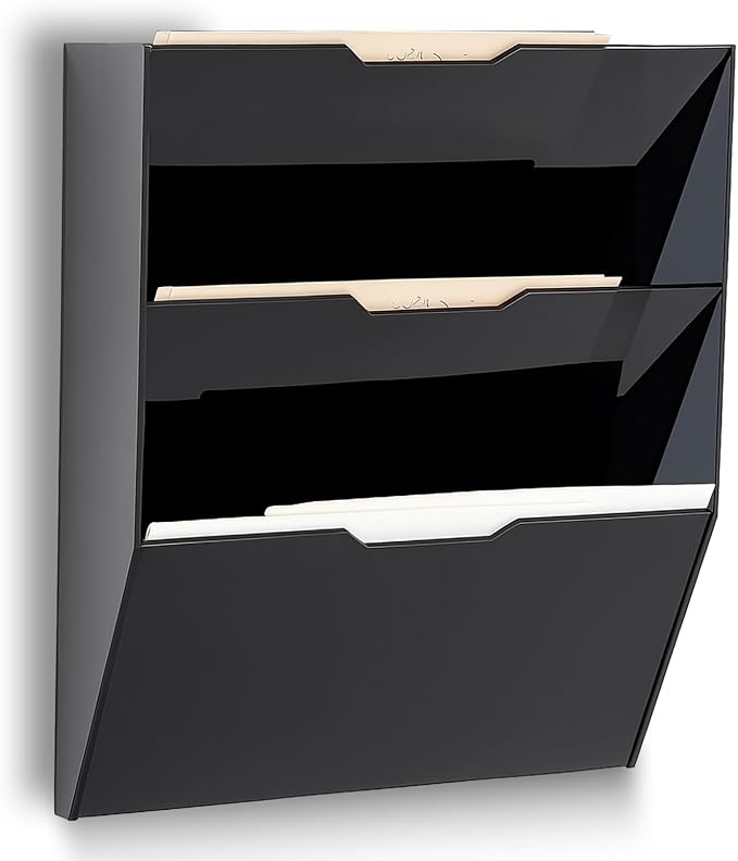 Chunful 3 Tier Mail Sorter Letter Wall Holder Black Acrylic Wall Mounted Mail Organizer Hanging File Envelope Pocket Plastic Mount Document Holder for Home Office Entryway