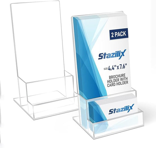2 Pack Acrylic Brochure Holder Stand 4‘’, Clear brochure and business Rack Card Holder Stand, Plastic Flyer Display Stand for Magazine, Pamphlet, Booklets, Menu, Journals, Business Card