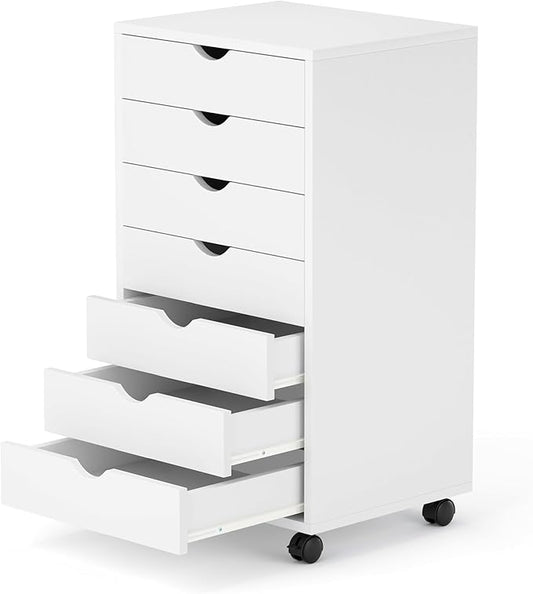 7 Drawer Mobile File Cabinet Under Desk Storage Organization with Wheels Vertical Filing Chest Rolling Wood Small Desk Printer Stand for Home Office, White