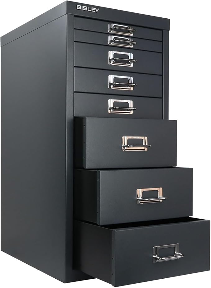 Bisley 8-Drawer Steel MultiDrawer Cabinet - Anthracite Grey, Chrome Pull Handles with Label Holders, Powder-Coated Steel, Removable Drawers, Fits Under Most Desks, Labels Included