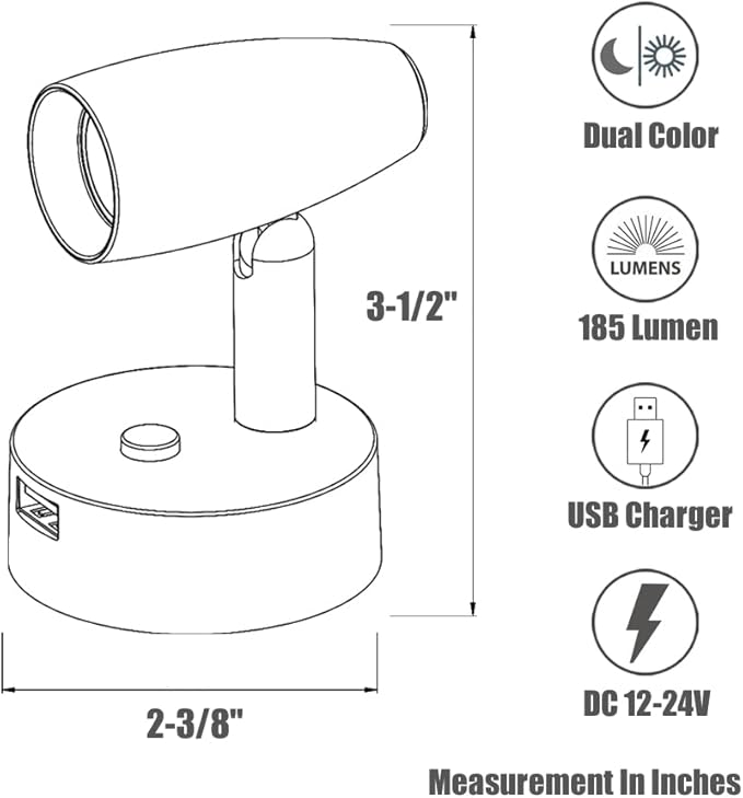 RV Reading Light 12V Swivel LED Spotlight with Quick USB Charger & Blue Nightlight, Camper Van Travel Trailer Bedroom Reading Light, 3-1/2" Length,12-24VDC Hard-Wired (Gloss Black)