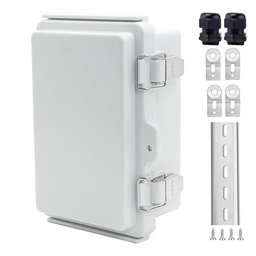 IP67 Waterproof Junction Box, ABS Plastic Electrical Enclosure with Stainless Steel Latch, Hinged Cover Electric Box with Mounting Plate, Wall Brackets & Cable Glands 150x100x70