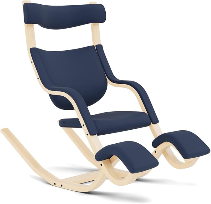 Varier Gravity Balans Recliner and Kneeling Chair Designed by Peter Opsvik, Relax Into Weightlessness, 10-Year Limited Warranty, Blue Revive Fabric with Natural Ash Base