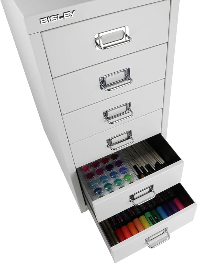 Bisley 6-Drawer Steel MultiDrawer Cabinet - Light Grey, Chrome Pull Handles with Label Holders, Powder-Coated Steel, Removable Drawers, Fits Under Most Desks, Labels Included