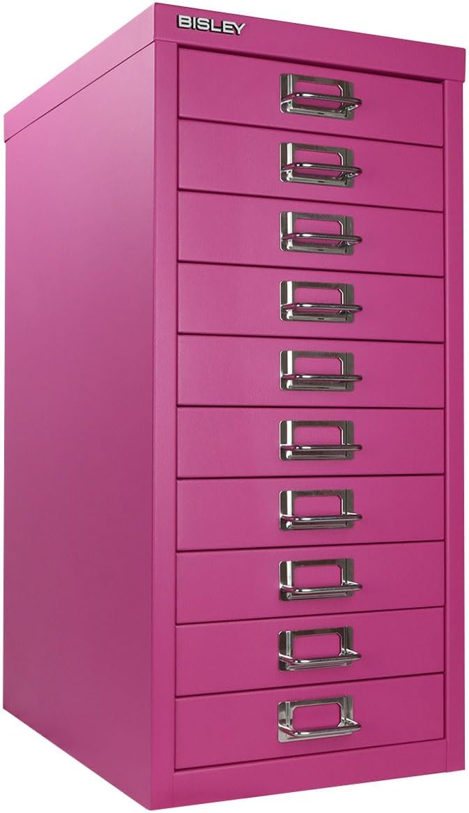 Bisley 10-Drawer Steel MultiDrawer Cabinet - Fuchsia, Chrome Pull Handles with Label Holders, Powder-Coated Steel, Removable Drawers, Fits Under Most Desks, Labels Included