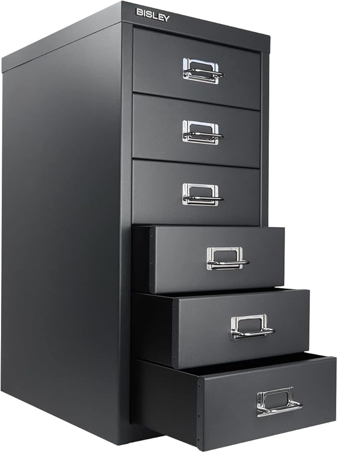 Bisley 6-Drawer Steel MultiDrawer Cabinet - Anthracite Grey, Chrome Pull Handles with Label Holders, Powder-Coated Steel, Removable Drawers, Fits Under Most Desks, Labels Included