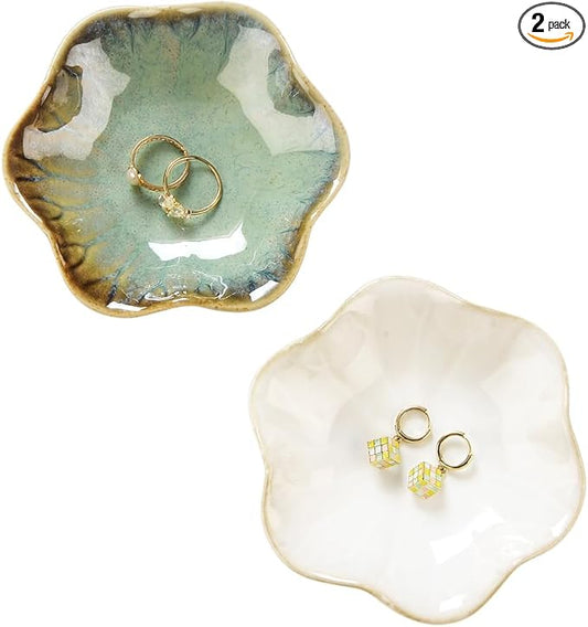 2PCS Lotus Leaf Shape Ring Holder Dish, Small Key Bowl, Ceramic Trinket Tray Jewelry Dish Organizing Necklace Earrings for Mom Friend Sister, All Jewelries Are NOT Included.White+Crystal Green.