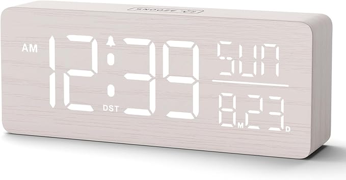 Peakeep Wooden Digital Alarm Clock Large Display, Textured Desk Table Decoration for Bedroom Living Room, Plug in Clock with Time Date Day, 5 Brightness, Auto DST