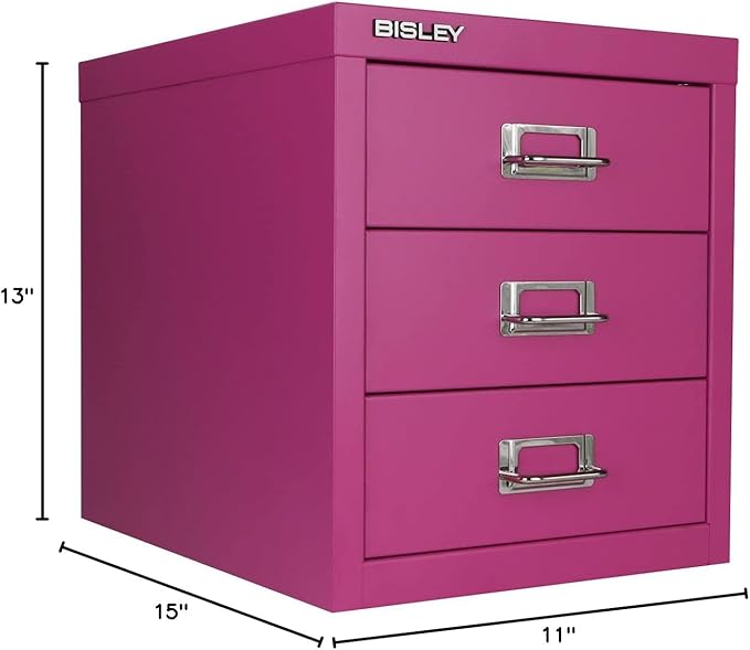 Bisley 3-Drawer Steel MultiDrawer Cabinet - Fuchsia, Chrome Pull Handles with Label Holders, Powder-Coated Steel, Removable Drawers, Desktop Storage, Labels Included