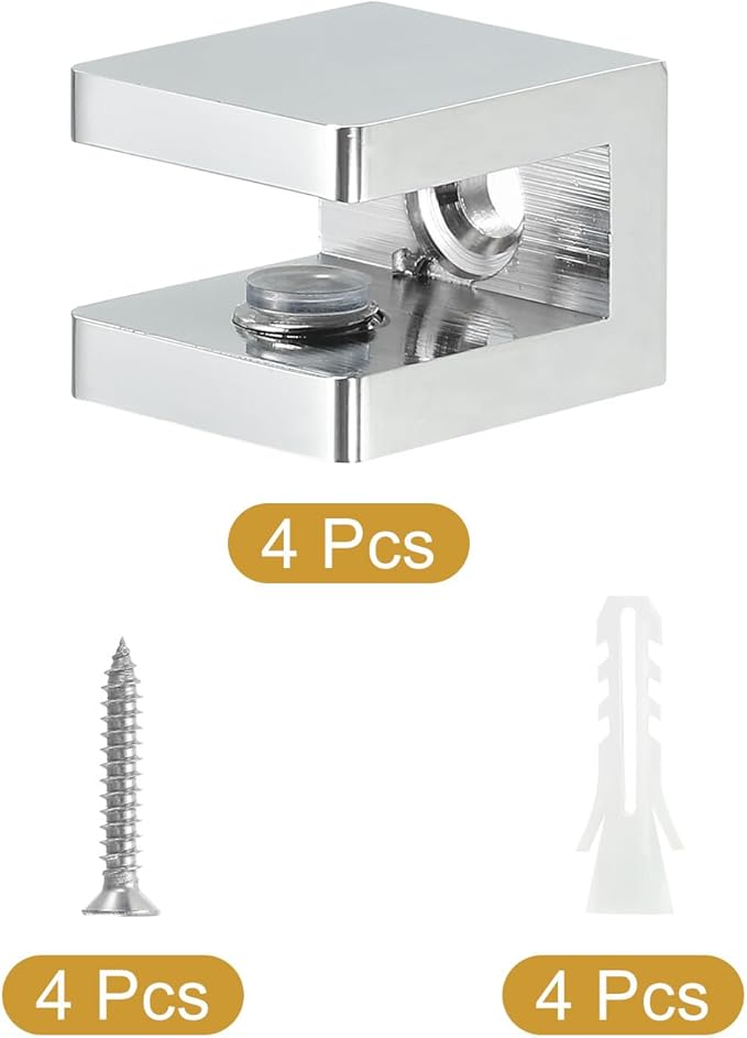 uxcell Glass Shelf Clamp, 4Pcs Brass Glass Clamp for 5-8mm Thick Glass, Adjustable Glass Shelf Bracket Support Holder, Silver