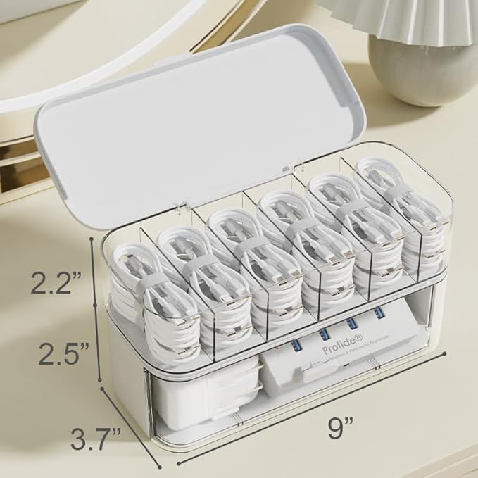 Cord Organizer Box with Lid, Stackable Cable & Charger Organizer, Clear Cable Management Box with 6 Compartment for Office, Desk, Drawer