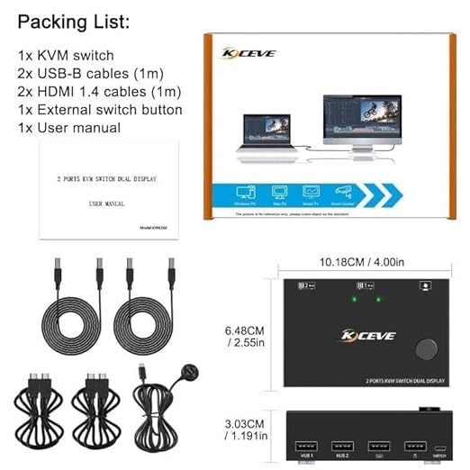 KCEVE KVM Switch 2 Monitors 2 Computers, HDMI KVM Switch Dual Monitor for 2 Computer Share 2 Monitor and 4 USB Devices, 4K@30Hz 1080P@120Hz, with Wired Remote, USB Cable(4K HDMI 2 in 2 Out KVM)
