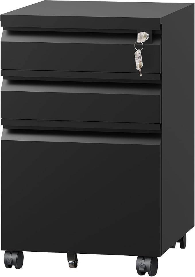 DEVAISE 3 Drawer File Cabinet, Metal Filing Cabinet with Lock, Under Desk Cabinet with Wheels for Home Office, Fits Legal/A4/Letter Size, Required Assembly, Black