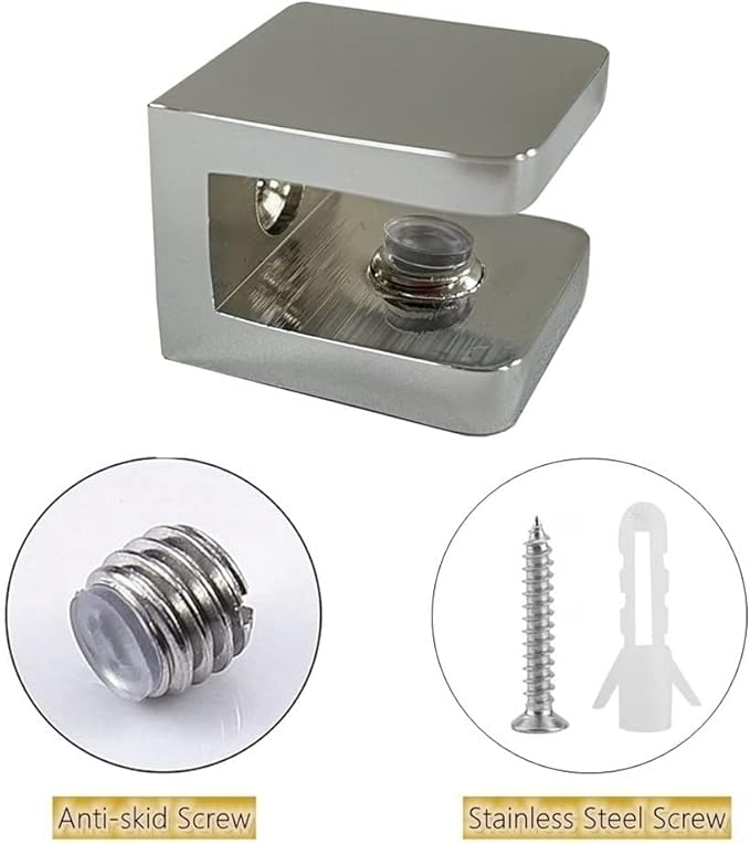 LukLoy Brass Shower Glass Clamp, No-Drill-on-Glass Fixed Panel Shower Door Glass Clip Holder Bracket Support Fixed Panel U-Clamp (Pack of 4, Chrome)