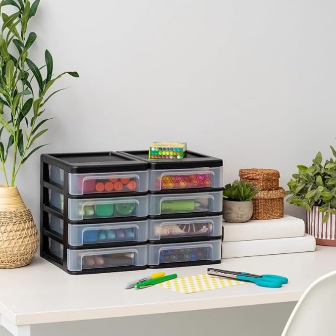 Set of 2 Compact 4-Drawer Plastic Desktop Organizers, Small Storage Drawers for Office Supplies Craft Tools Accessories, 8.38x6.75x8.88 Inches, Stackable Black Mini Drawer Units, Smooth Glide Drawers