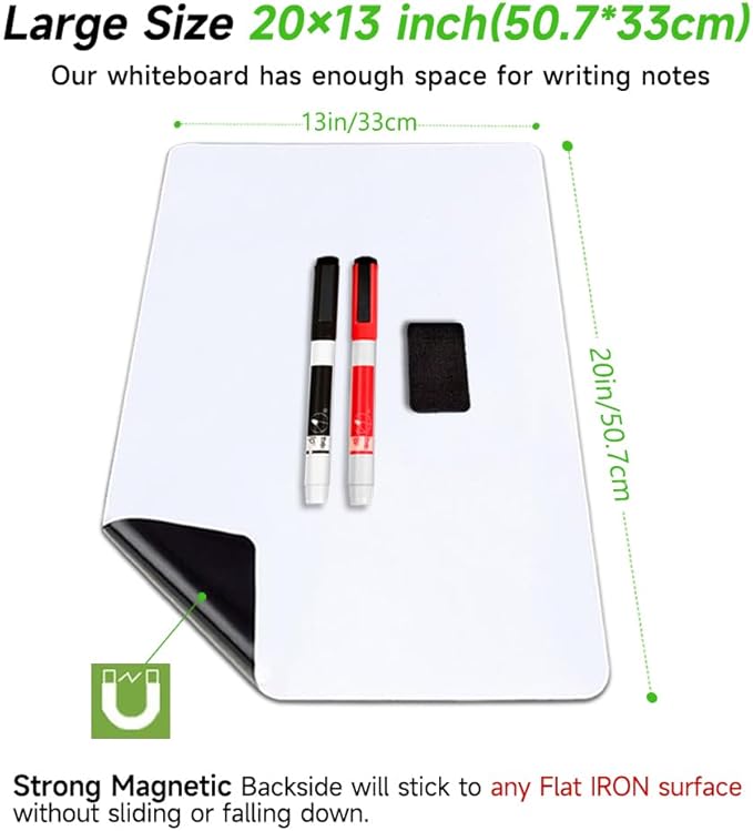 Magnetic Dry Erase Board Fridge White Board Sheet 20x13 inch, Flexible Large Refrigerator Magnets Whiteboard Planner for Home Kitchen, 2 Markers and Eraser
