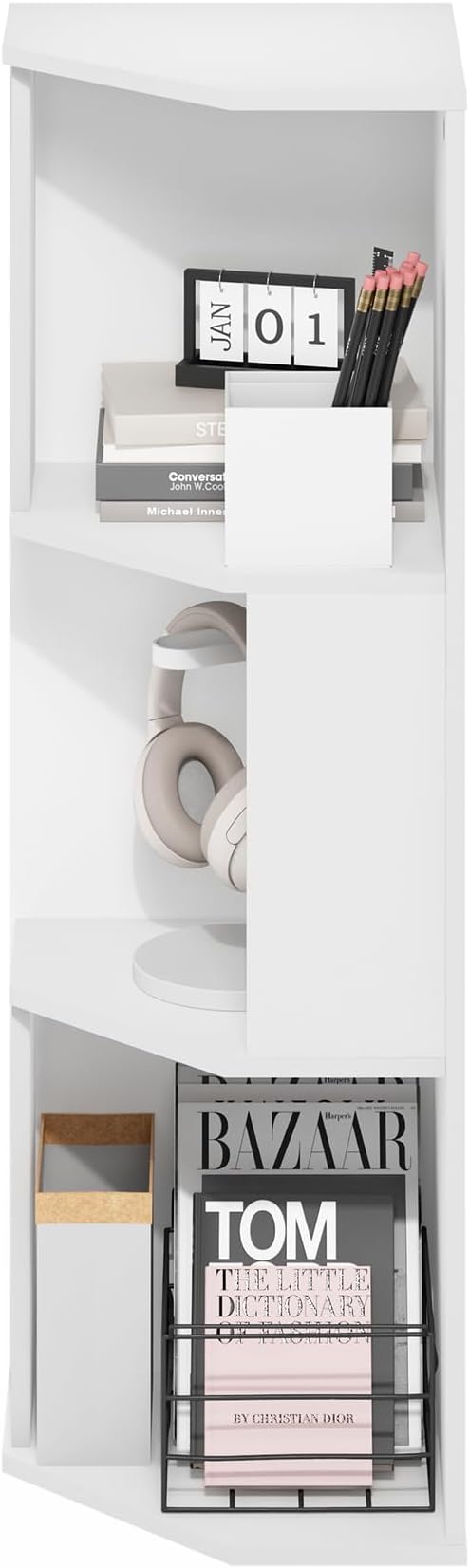 Furinno ECON Corner Shelf, 3-Tier Corner Book Shelf, Storage Shelves, Display Rack, Bookshelf, for Organization and Storage, Living Room, Home Office, Plain White