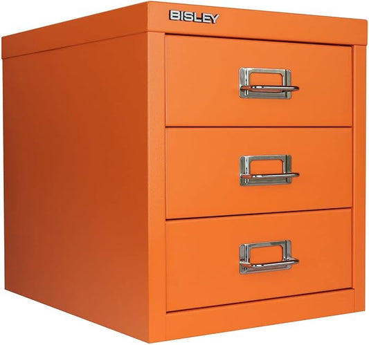3-Drawer Steel MultiDrawer Cabinet - Bisley Orange, Chrome Pull Handles with Label Holders, Powder-Coated Steel, Removable Drawers, Desktop Storage, Labels Included by Bisley