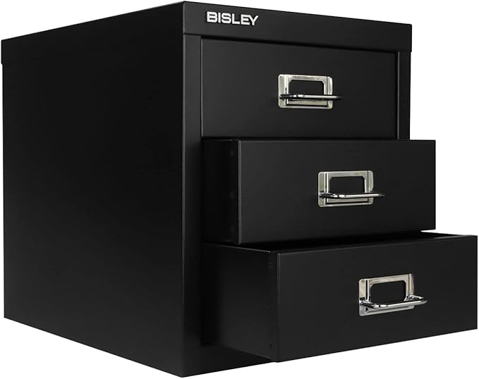 Bisley 3-Drawer Steel MultiDrawer Cabinet - Black, Chrome Pull Handles with Label Holders, Powder-Coated Steel, Removable Drawers, Desktop Storage, Labels Included